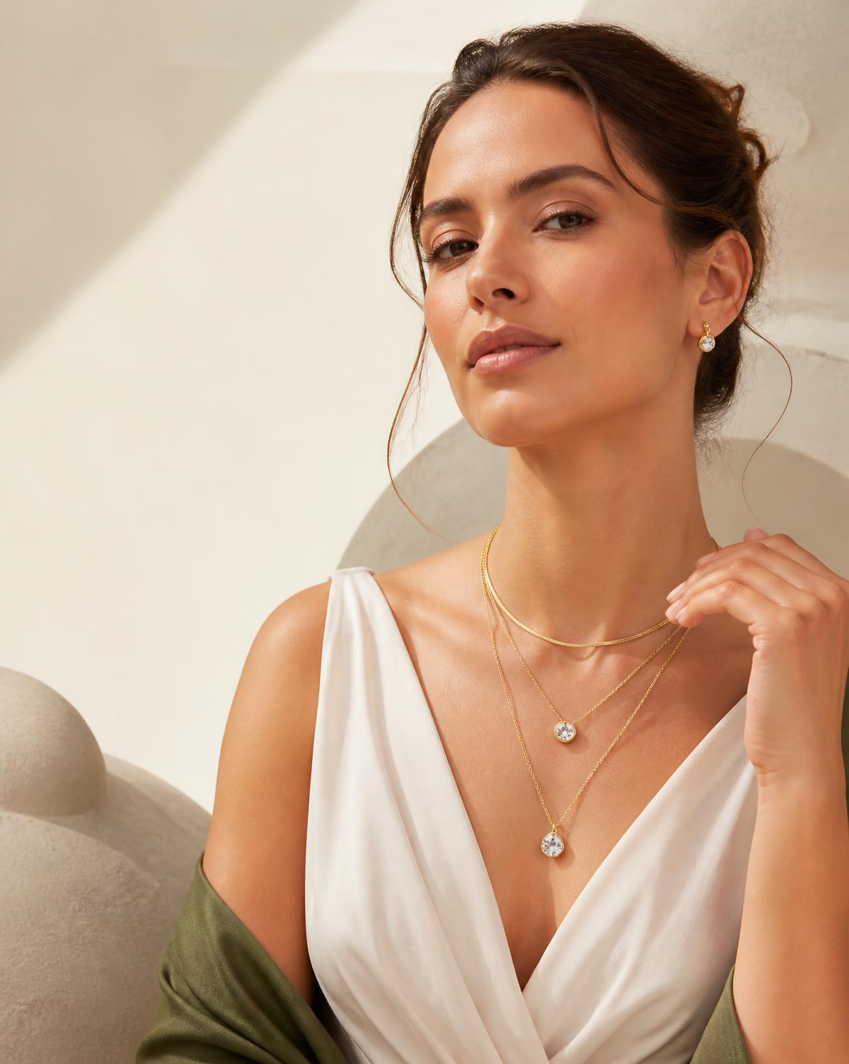 Modelo usando colares e brincos dourados Talita Lorenzi